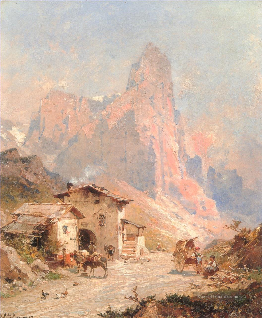 Figuren in einem Dorf in den Dolomiten Szenerie Franz Richard Unterberger in Ölgemälde